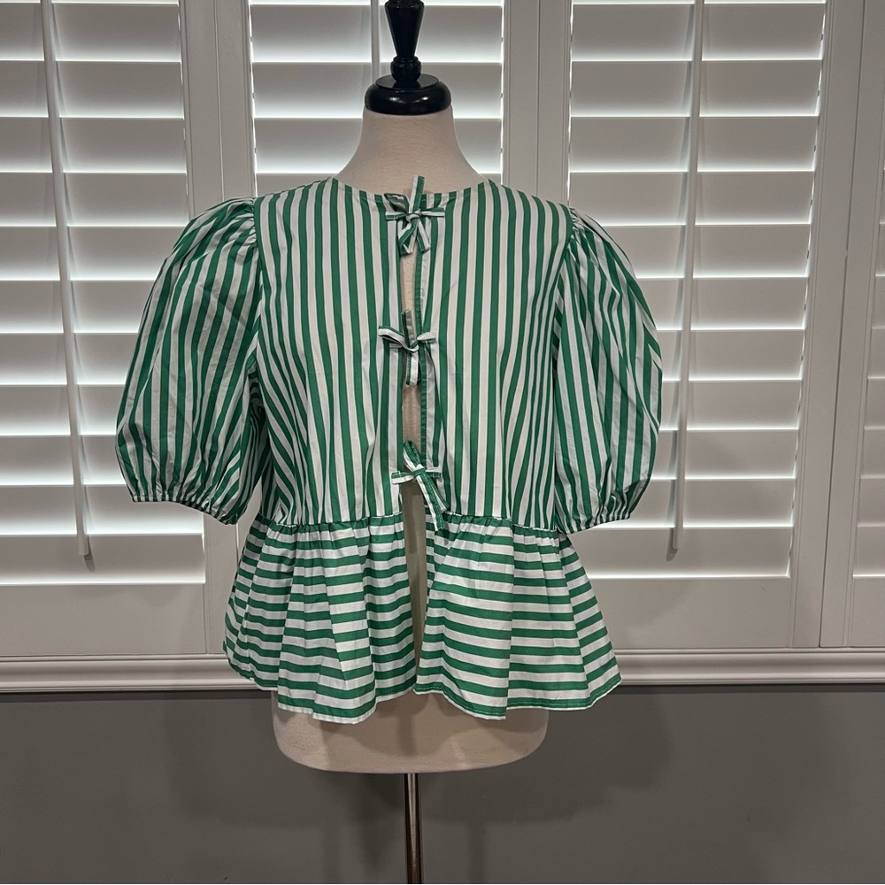 Green Striped Women's puff sleeve blouse with ties
